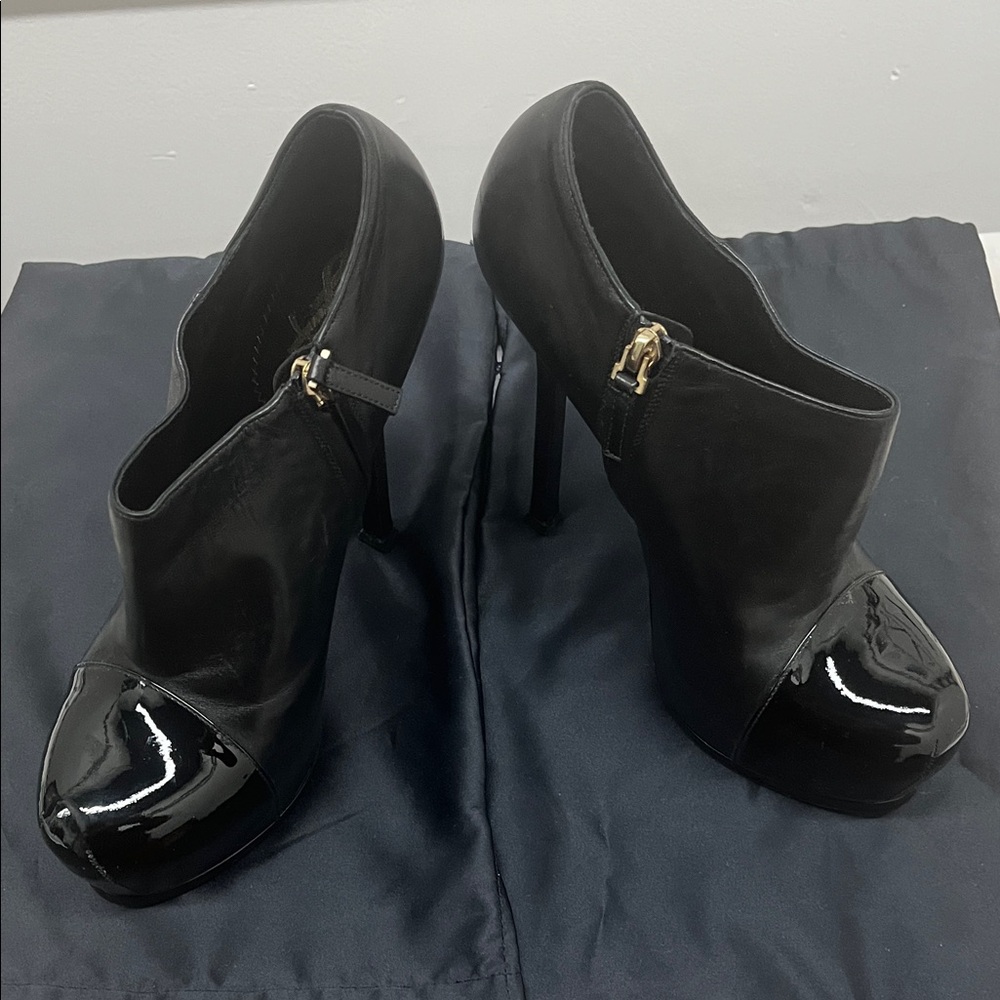 Yves Saint Laurent Black Leather Stiletto Booties with Patent Cap Toe